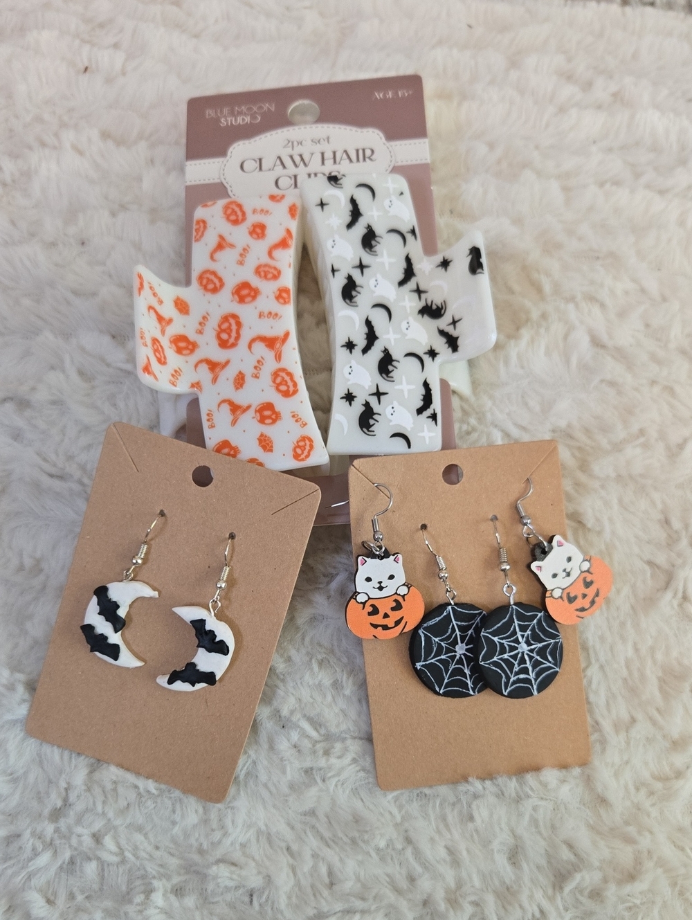 Kids Halloween Claw Hair Clips & Earring Set - White, Orange, Black